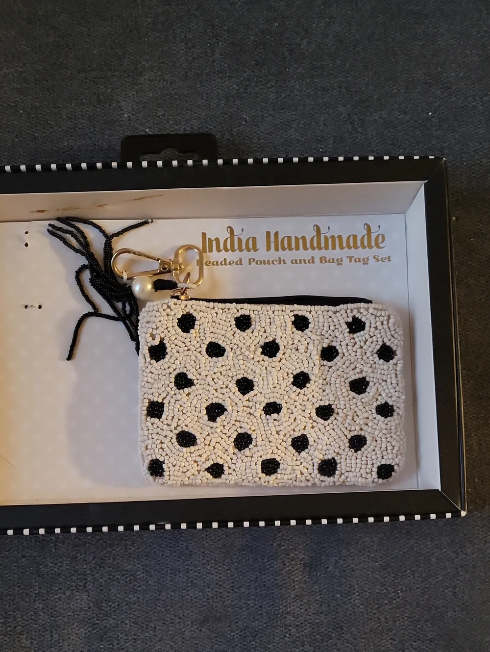 Viral Handmade In India  Beaded Pouch with Black Dot Accent and Gold Hardware